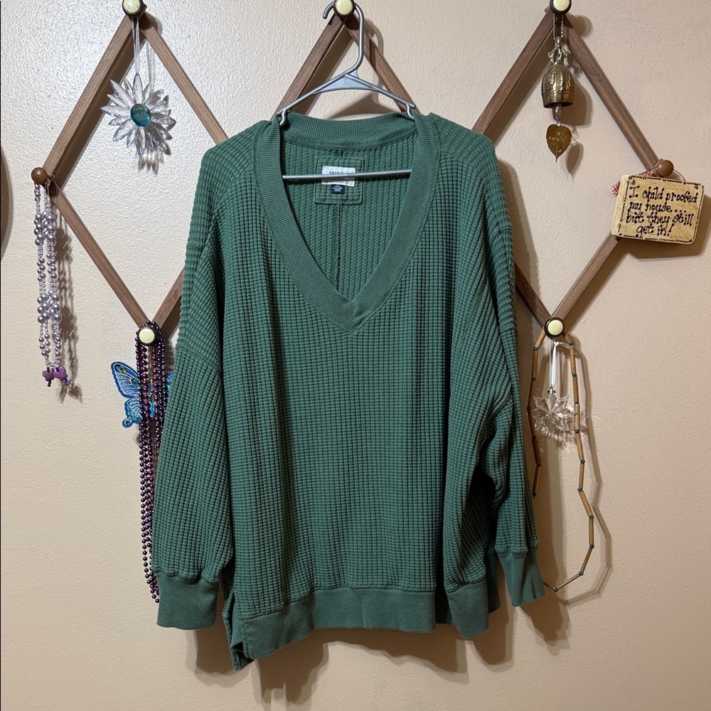 American Eagle Women's Waffle Knit V-Neck Long Sleeve Top - Green